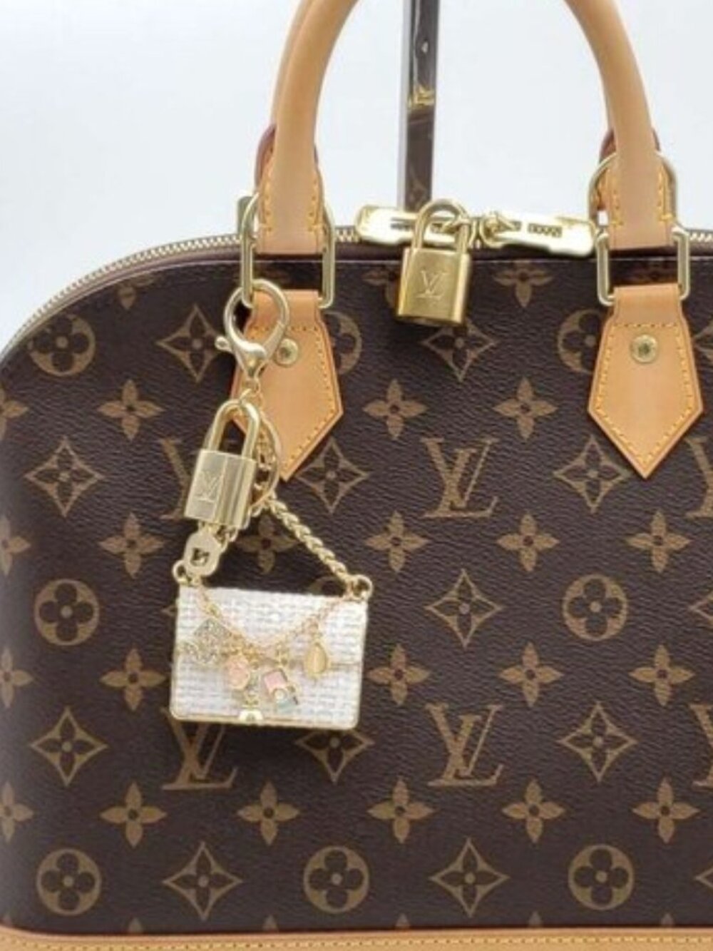 Authentic Louis Vuitton Padlock & Key Gold ✨Unbranded Tweed Bag Charm Keychain - Picture 3 of 8